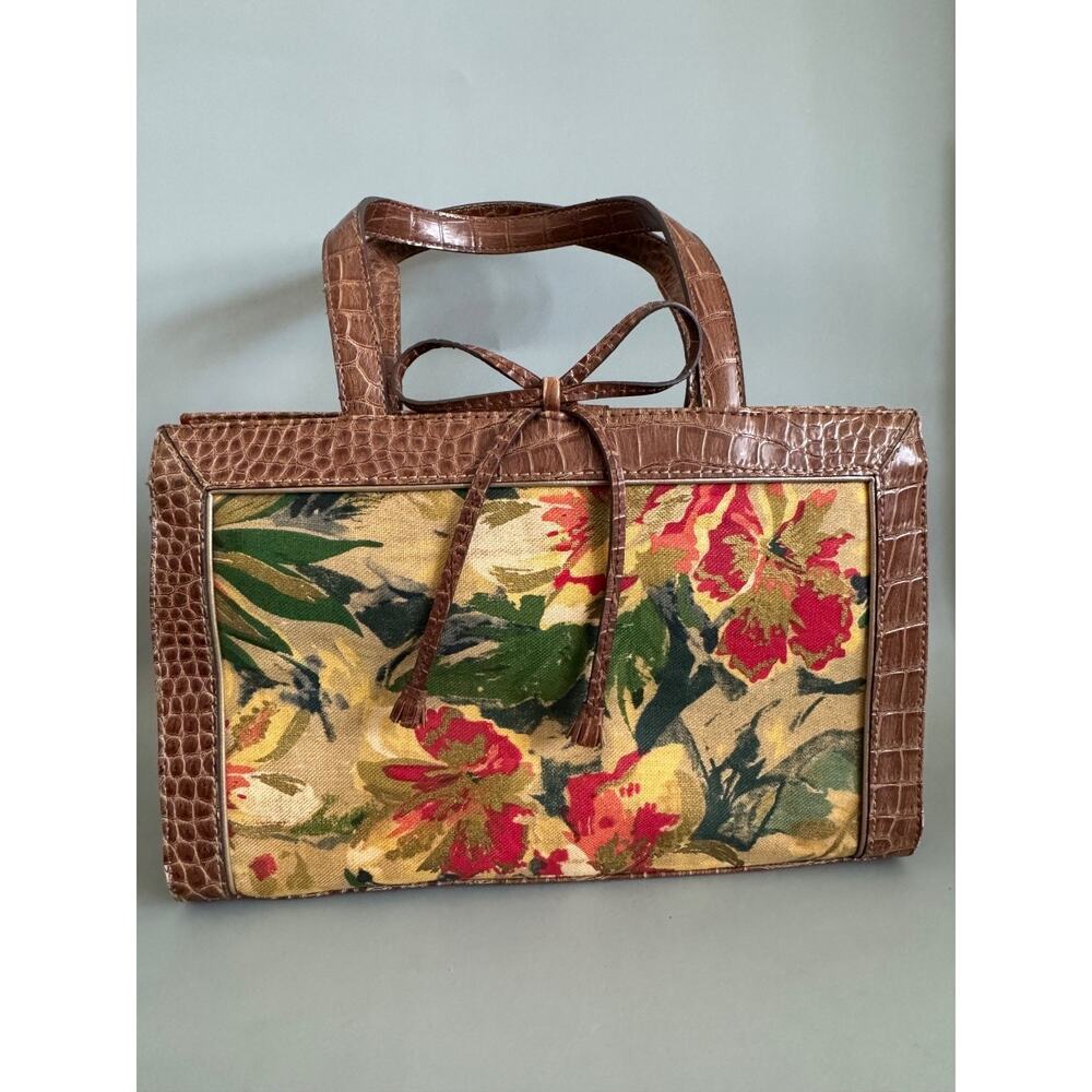 Vintage Liz Claiborne Floral Fabric Handbag Faux Leather Trim Botanical Print